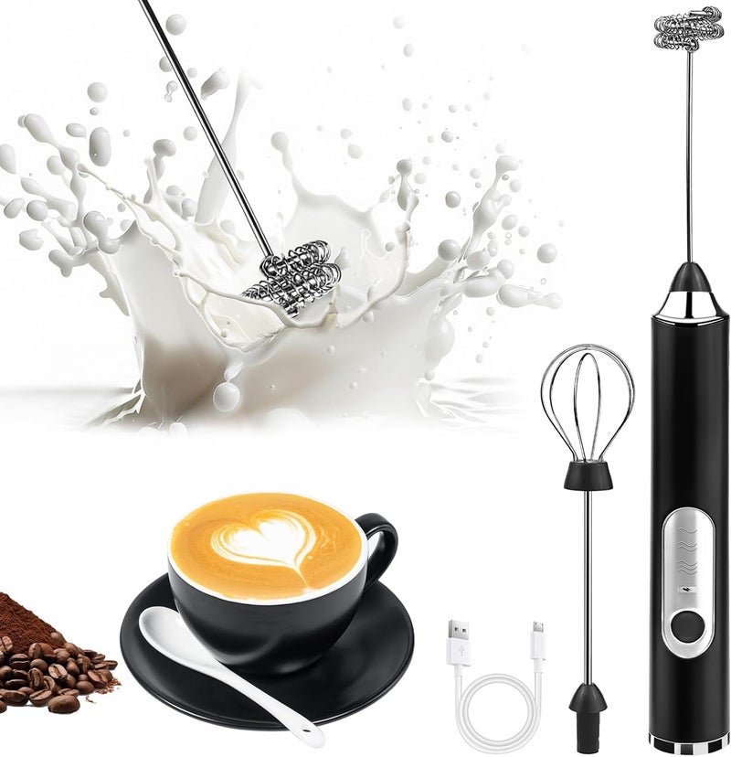 Toughwild Milk Frother Handheld, Rechargeable Coffee Frother Wand with 2 Stainless Whisks 3 Speeds, Drink Mixer, Electric Foam Maker, Hand Mixer for Lattes, Cappuccino, Matcha, Egg, Black - Image 1
